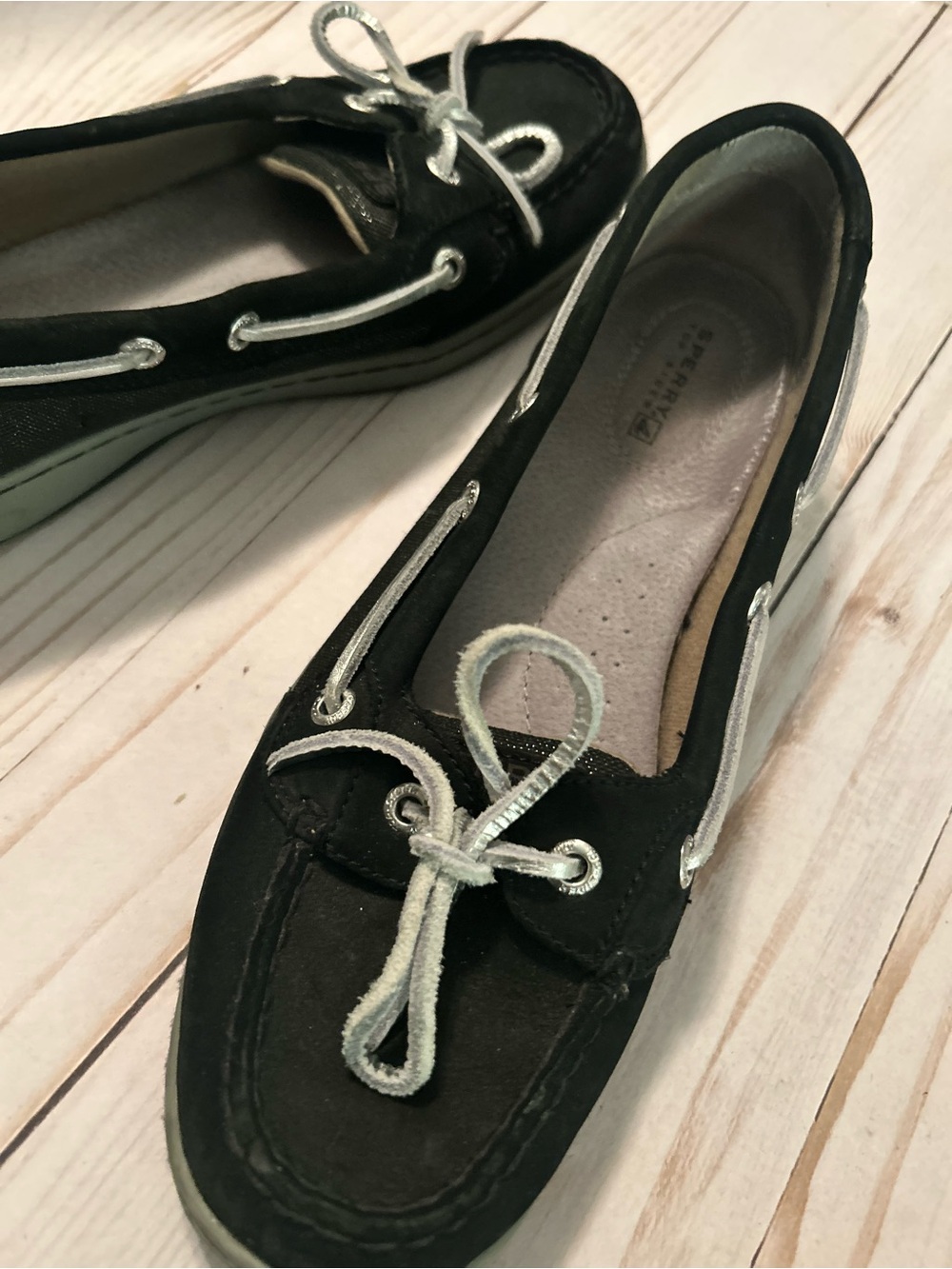 Sperry Black Leather Moccasin Flats with White Laces - Picture 5 of 5